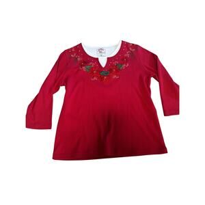 Allyson Whitmore Women's Petites PM Red Christmas V-Neck Embroidered Top 3/4